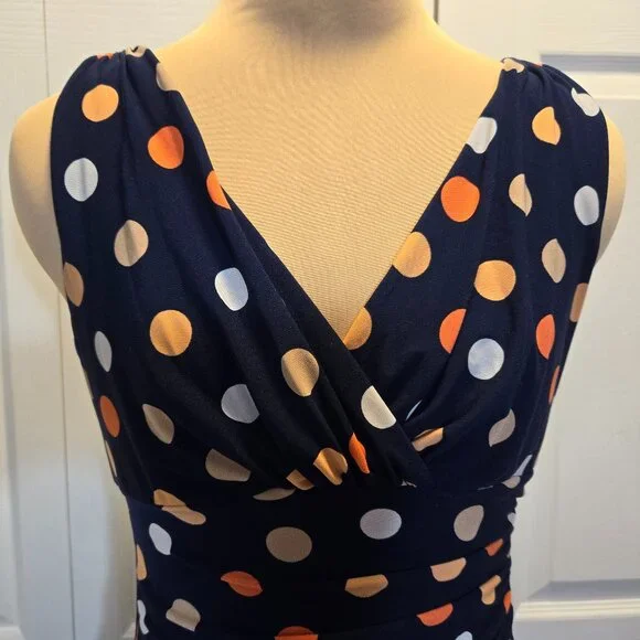 Navy Polka Dot American Living V-Neck Dress with Ruched Side Size 4 - Picture 3 of 8